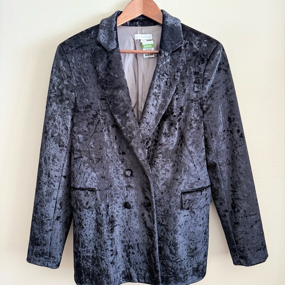 Topshop Black Crushed Velvet Blazer US 10 Double Breasted - Picture 6 of 13